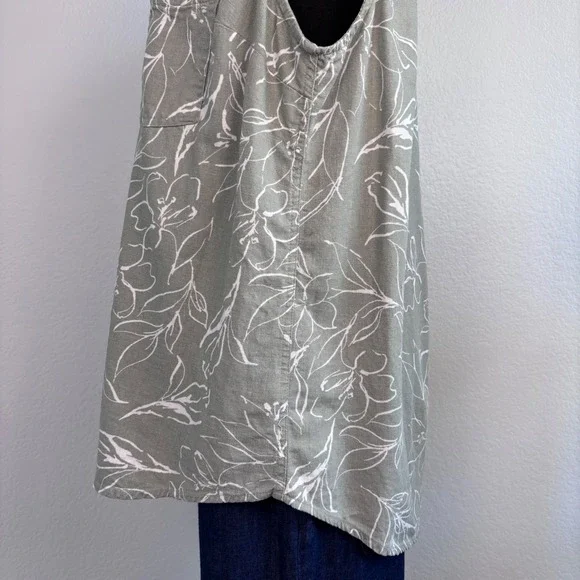 ecothreads Womens Sleeveless Button Up Shirt Green Floral Linen Blend Size L - Picture 14 of 16